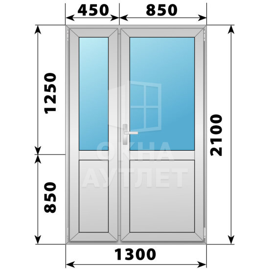 Алюминиевая межкомнатная полуторная дверь со стеклом 1300×2100 ОА-64948