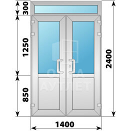 Алюминиевая входная двухстворчатая дверь со стеклом и фрамугой 1400×2400 ОА-66238