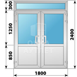 Алюминиевая входная двухстворчатая дверь со стеклом и фрамугой 1800×2400 ОА-66394