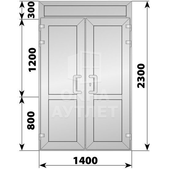 Алюминиевая входная двухстворчатая глухая дверь с фрамугой 1400×2300 ОА-66259