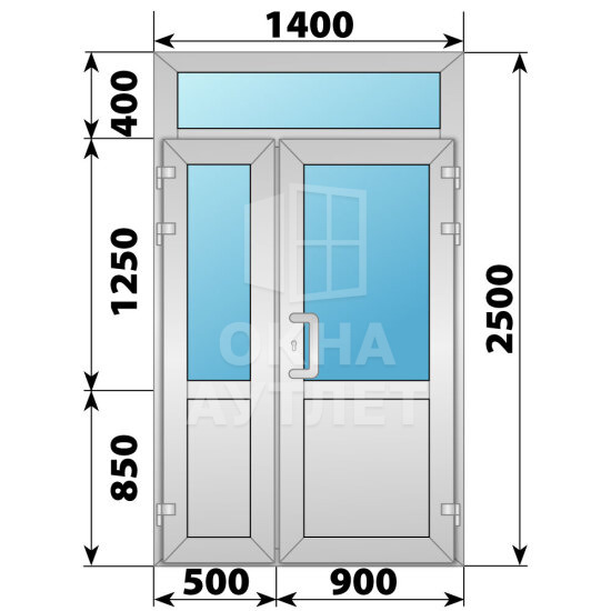 Алюминиевая входная полуторная дверь со стеклом и фрамугой 1400×2500 ОА-66052