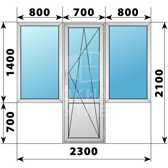 Алюминиевый Т-образный балконный блок 2300×2100 Тип 1 ОА-61225