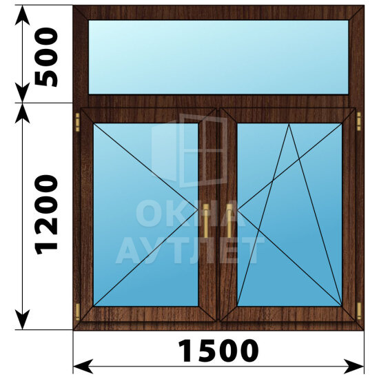 Двухстворчатое окно с глухой фрамугой из дуба 1500×1700 П-ПО ОА-47673