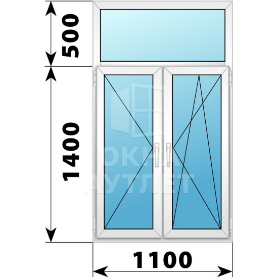Двухстворчатое пластиковое окно с глухой фрамугой 1100×1900 П-ПО ОА-38560