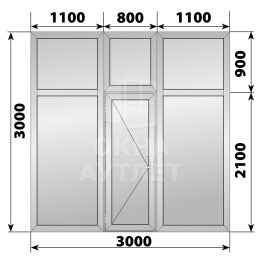 Глухая алюминиевая перегородка с дверью 3000×3000 ОА-68275