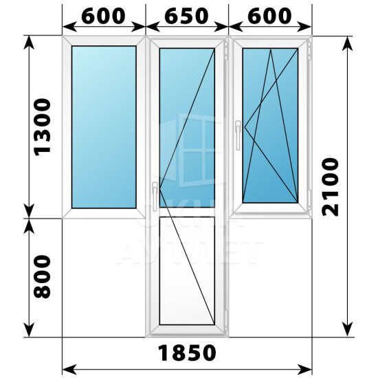 Пластиковый Т-образный балконный блок 1850×2100 Тип 2 ОА-56125