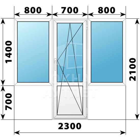 Пластиковый Т-образный балконный блок 2300×2100 Тип 1 ОА-56092