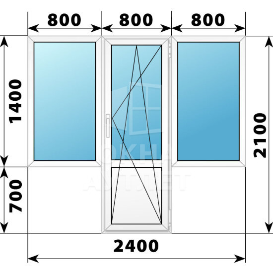 Пластиковый Т-образный балконный блок 2400×2100 Тип 1 ОА-55747