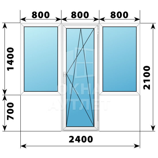 Пластиковый Т-образный балконный блок 2400×2100 Тип 3 ОА-56083