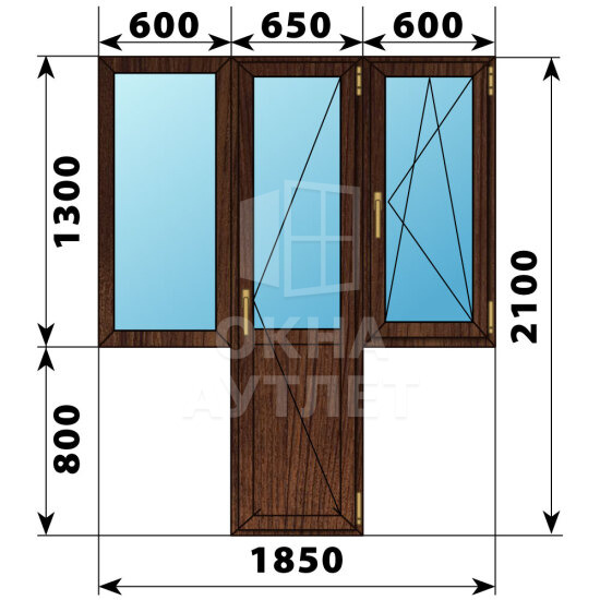 Т-образный балконный блок из дуба 1850×2100 Тип 2 ОА-53135