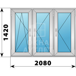 Трехстворчатое алюминиевое окно 2080×1420 ПO-П-П ОА-51977