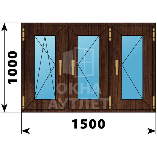 Трехстворчатое окно из дуба 1500×1000 ПO-П-П ОА-47604