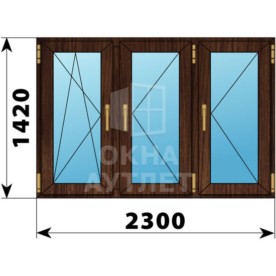 Трехстворчатое окно из дуба 2300×1420 ПO-П-П ОА-49052