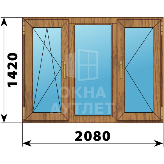 Трехстворчатое окно из лиственницы 2080×1420 ПO-Г-П ОА-50921