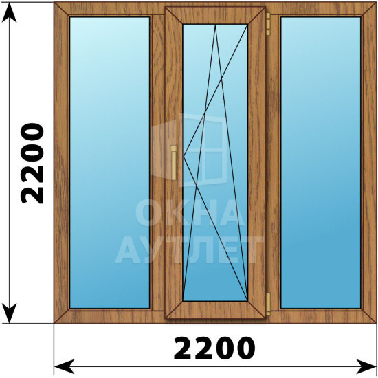 Трехстворчатое окно из лиственницы 2200×2200 Г-ПО-Г ОА-51038