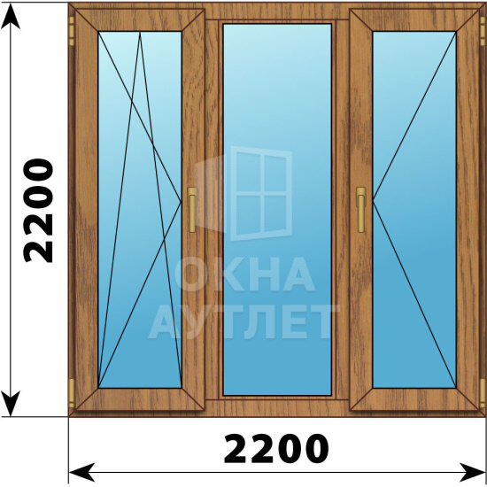 Трехстворчатое окно из лиственницы 2200×2200 ПO-Г-П ОА-48192
