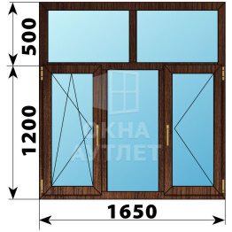 Трехстворчатое окно с глухой фрамугой из дуба 1650×1700 ПО-Г-П ОА-51380