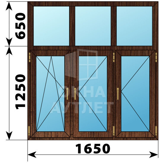 Трехстворчатое окно с глухой фрамугой из дуба 1650×1900 ПО-П-П ОА-48890