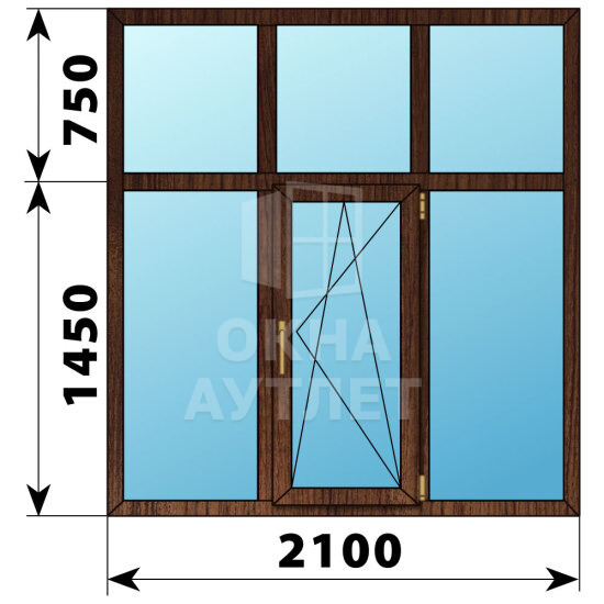 Трехстворчатое окно с глухой фрамугой из дуба 2100×2200 Г-ПО-Г ОА-43824
