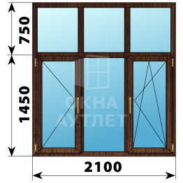 Трехстворчатое окно с глухой фрамугой из дуба 2100×2200 П-Г-ПО ОА-48926