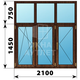 Трехстворчатое окно с глухой фрамугой из дуба 2100×2200 ПО-П-П ОА-49010