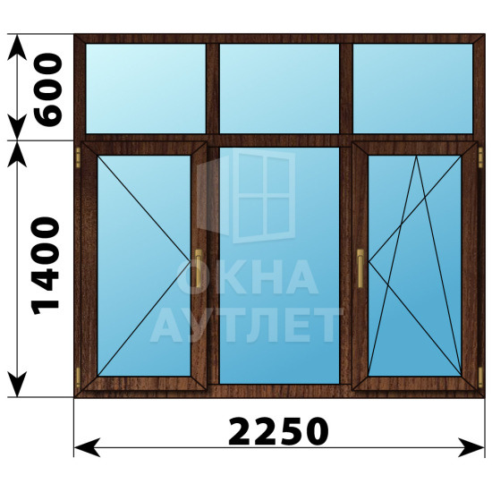 Трехстворчатое окно с глухой фрамугой из дуба 2250×2000 П-Г-ПО ОА-48998