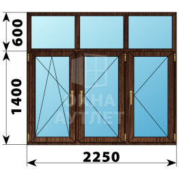 Трехстворчатое окно с глухой фрамугой из дуба 2250×2000 ПО-П-П ОА-49040