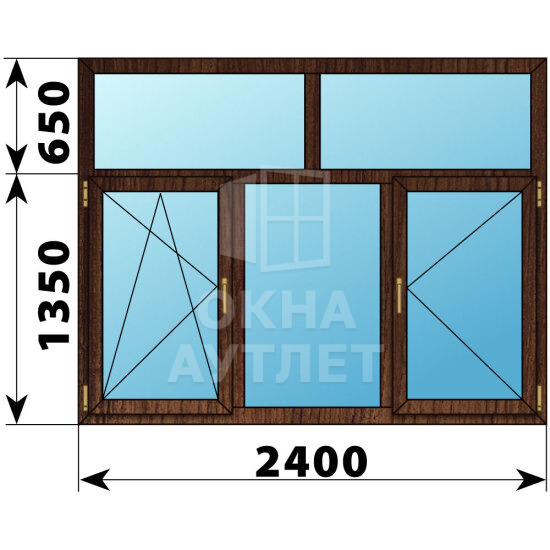 Трехстворчатое окно с глухой фрамугой из дуба 2400×2000 ПО-Г-П ОА-48863