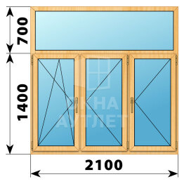 Трехстворчатое окно с глухой фрамугой из сосны 2100×2100 ПО-П-П ОА-43054