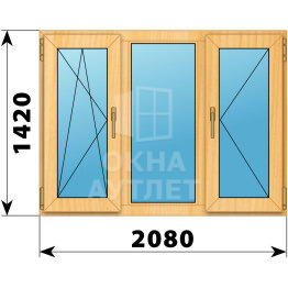 Трехстворчатое окно из сосны 2080×1420 ПO-Г-П ОА-42679