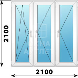 Трехстворчатое пластиковое окно 2100×2100 ПO-П-П ОА-41059
