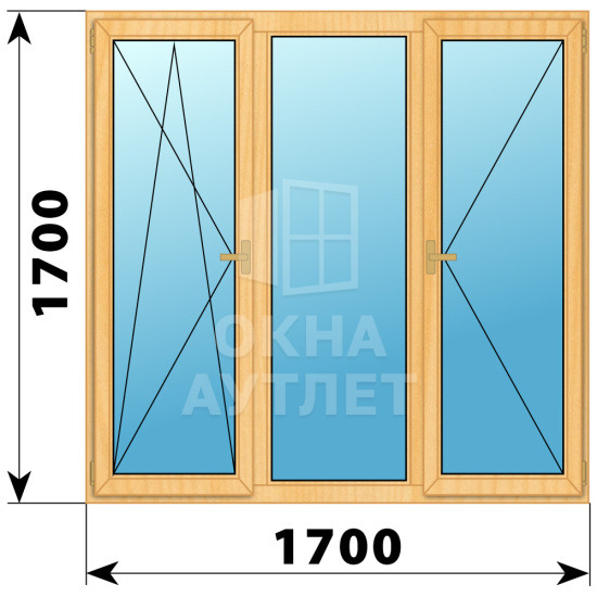 Трехстворчатое деревянное окно из сосны ПО-Г-П 1700×1700 ОА-37010