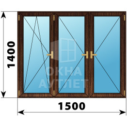 Трехстворчатое деревянное окно из дуба ПО-П-П 1500×1400 ОА-37784