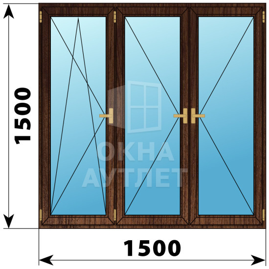Трехстворчатое деревянное окно из дуба ПО-П-П 1500×1500 ОА-37820