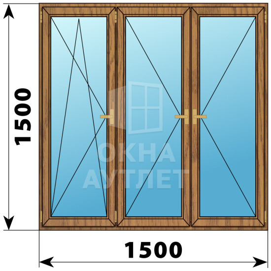 Трехстворчатое деревянное окно из лиственницы ПО-П-П 1500×1500 ОА-37418