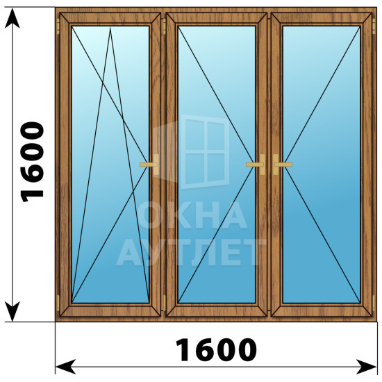 Трехстворчатое деревянное окно из лиственницы ПО-П-П 1600×1600 ОА-37604
