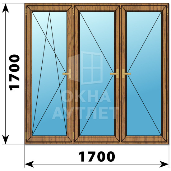 Трехстворчатое деревянное окно из лиственницы ПО-П-П 1700×1700 ОА-37739