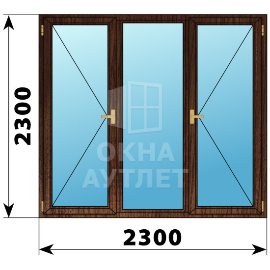 Трехстворчатое деревянное окно из дуба П-Г-П 2300×2300 ОА-37964
