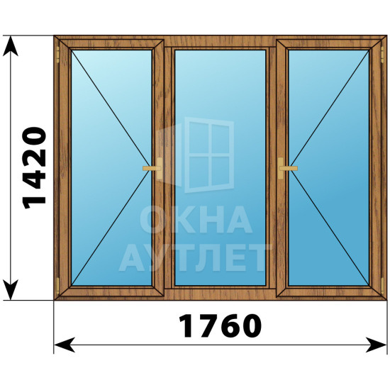 Трехстворчатое деревянное окно из лиственницы П-Г-П 1760×1420 ОА-37259