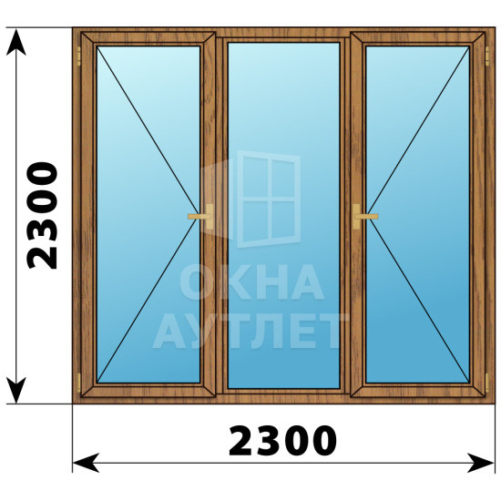 Трехстворчатое деревянное окно из лиственницы П-Г-П 2300×2300 ОА-37931