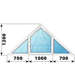 Трехстворчатое треугольное пластиковое окно 2600×1200 Г-О-Г ОА-40111