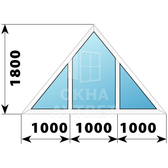 Трехстворчатое треугольное пластиковое окно 3000×1800 Г-Г-Г ОА-40477